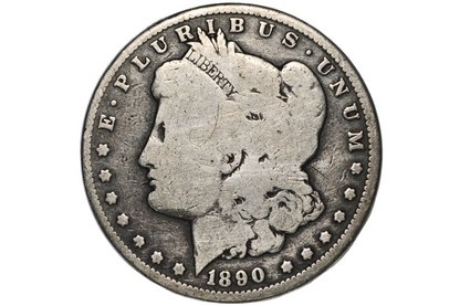 An 1890 Morgan silver dollar coin inside a clear plastic protective holder, shown against a white background.
