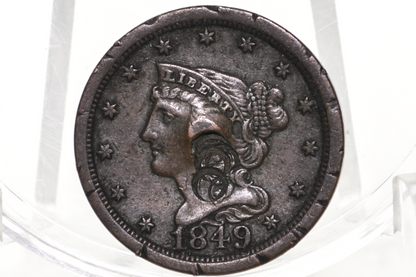 1849 Half Cent - Great Details, Damaged - Braided Hair Half Cent 1849 Half Penny, Low Price!