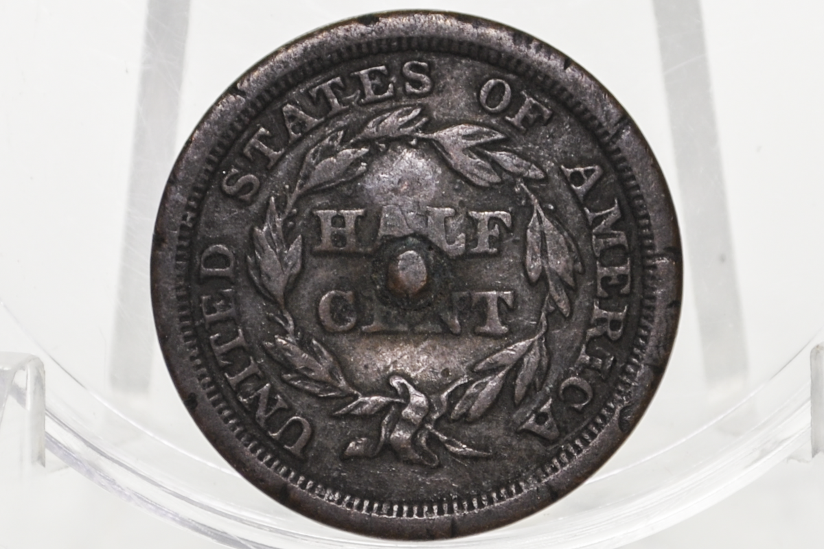 1849 Half Cent - Great Details, Damaged - Braided Hair Half Cent 1849 Half Penny, Low Price!
