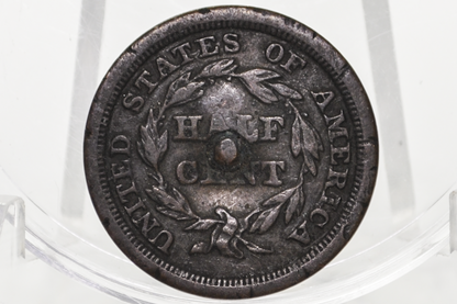 1849 Half Cent - Great Details, Damaged - Braided Hair Half Cent 1849 Half Penny, Low Price!