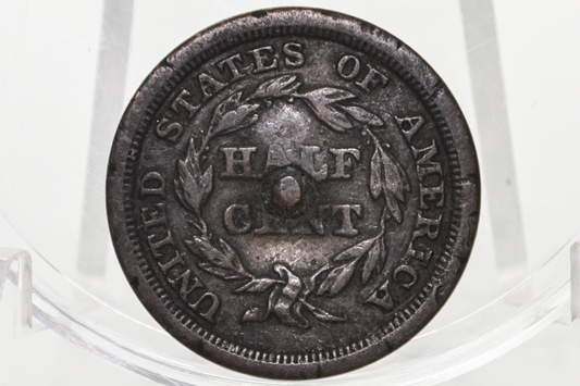 1849 Half Cent - Great Details, Damaged - Braided Hair Half Cent 1849 Half Penny, Low Price!
