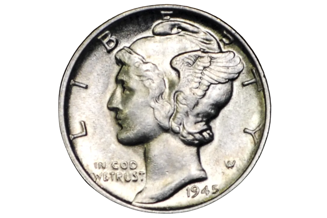 Silver Mercury Dime coin from 1945 on a black background