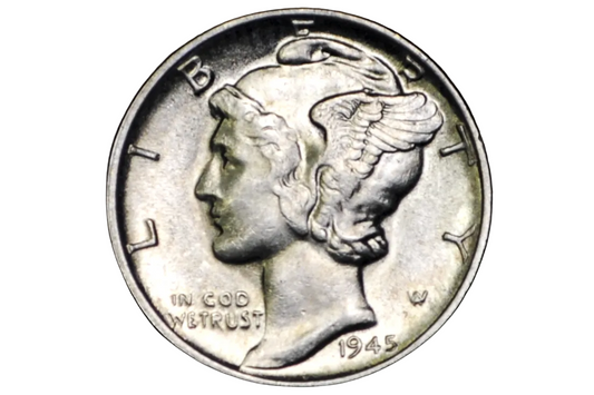 Silver Mercury Dime coin from 1945 on a black background