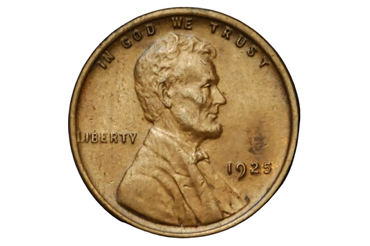 Close-up of a 1925 penny with 'In God We Trust' and 'Liberty' inscriptions on a black background.