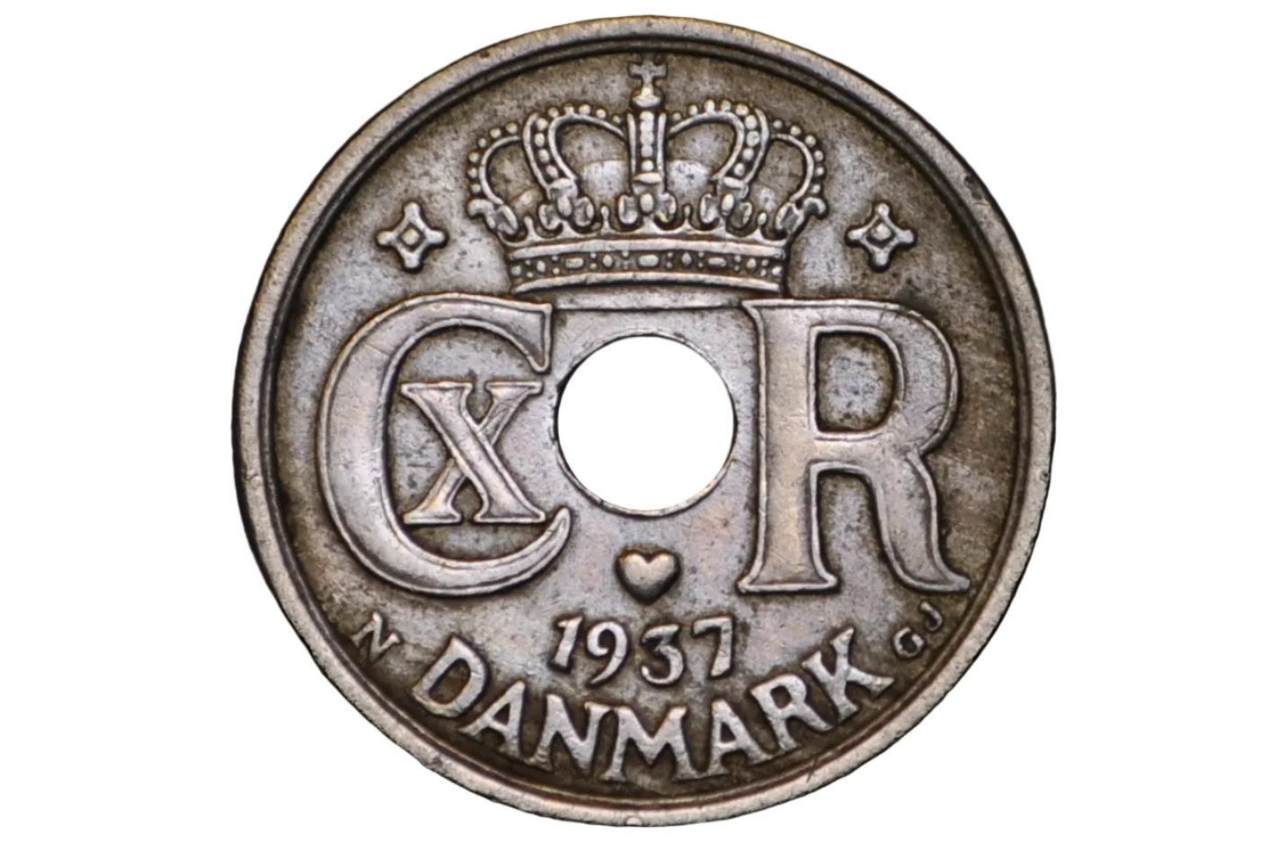 Vintage Danish coin with a hole in the center and a crown from 1937