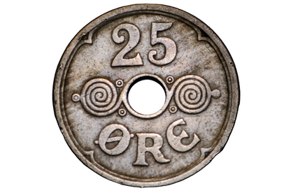 Vintage silver coin with '25 Ore' text on a black background