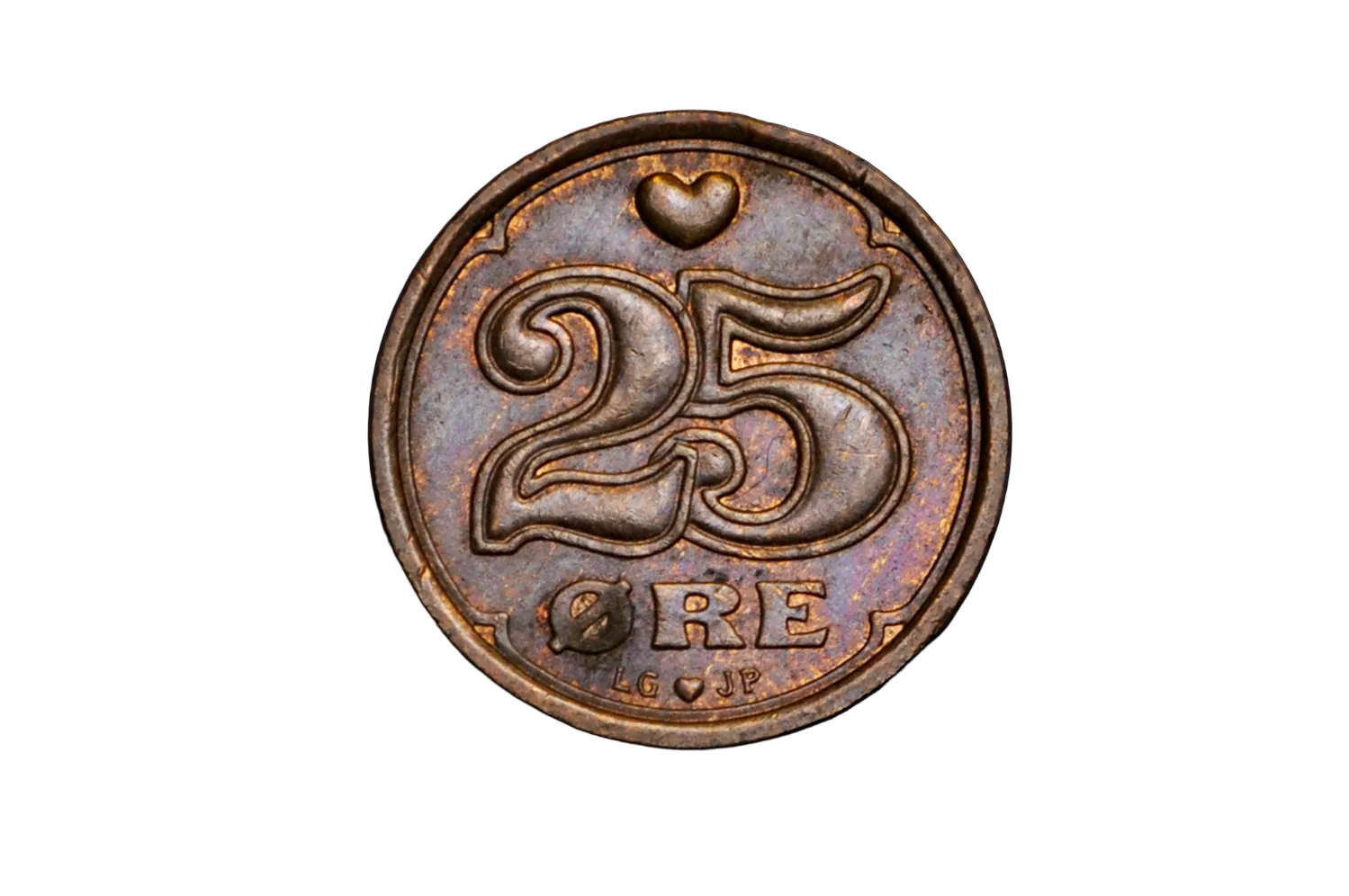 Rustic 25 ore coin with a heart symbol on a black background