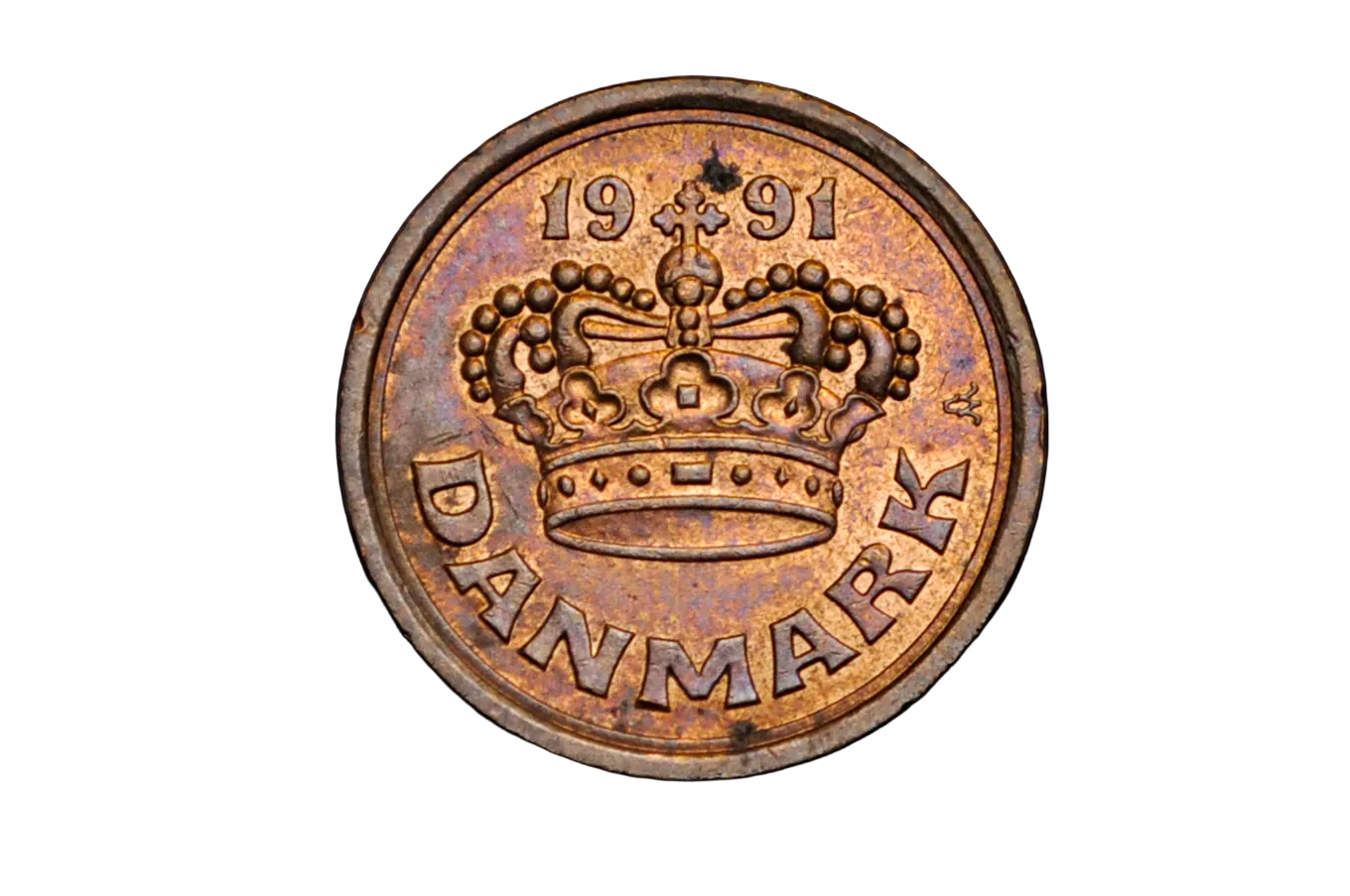 Rustic Danish coin from 1991 with a crown emblem on a black background