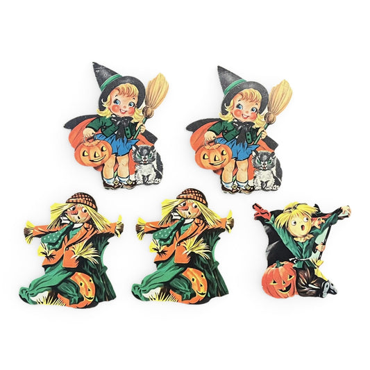 Vintage Lot of 5 Small Dennison Halloween Die Cut Decorations - 3"-4" - Witch Girl and Scarecrows - 1950s-60s Dennison Autumn Paper Decor