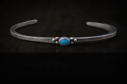 Sterling Silver Sleeping Beauty Turquoise Cabochon Cuff Bracelet - 5 in Wrist - Stamped and Tested Sterling Silver - Thin Native Sleeping Beauty Turquoise Bracelet