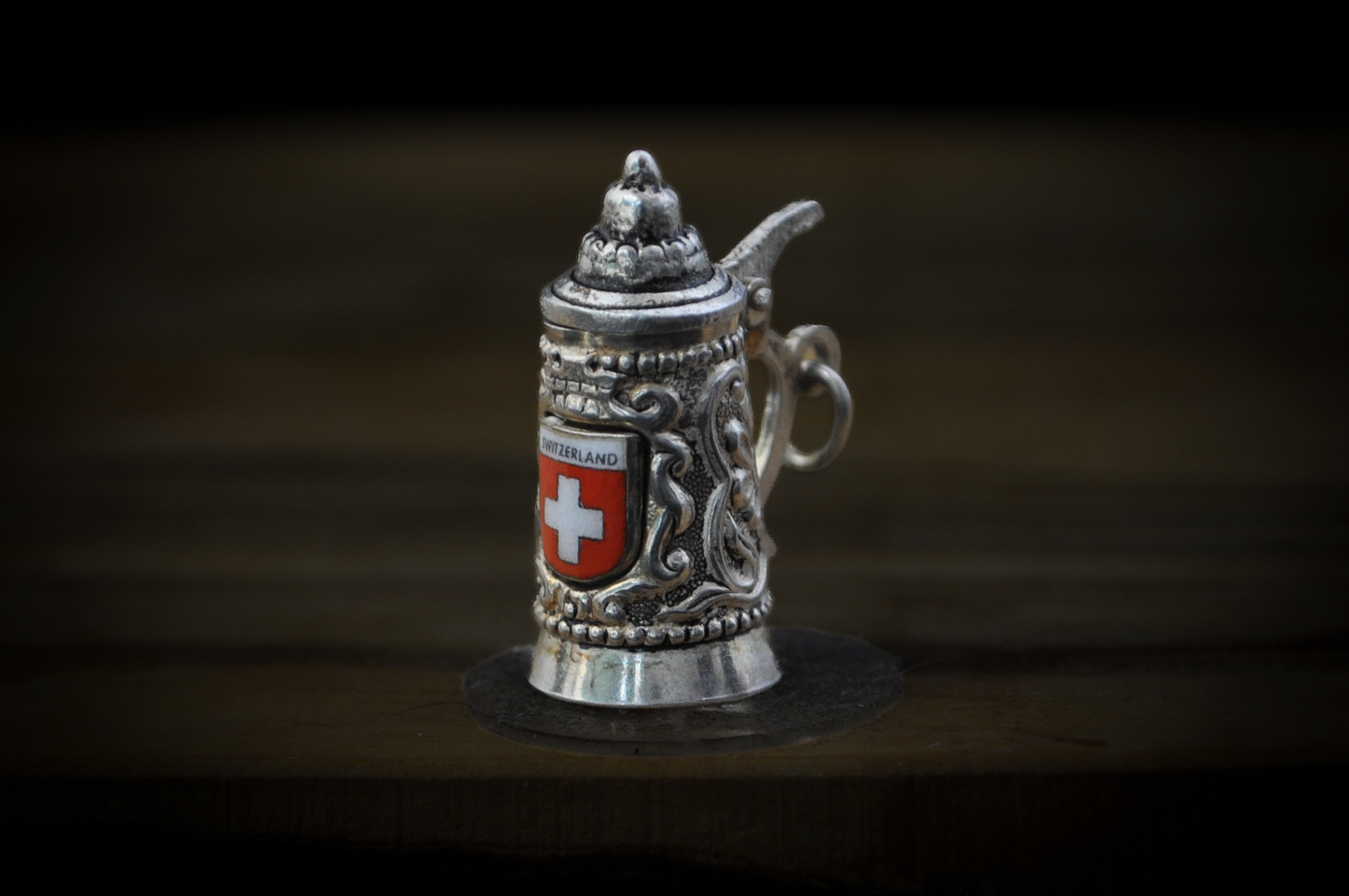 Vintage 800 Silver Switzerland Flag Miniature Beer Stein Charm - Stamped and Tested 800 Silver - Enameled with Details - Articulated Charm