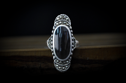 Stunning Sterling Silver Oval Black Onyx Ring - Size 5.5 - Stamped and Tested Sterling Silver - Cubic Zirconium Studded