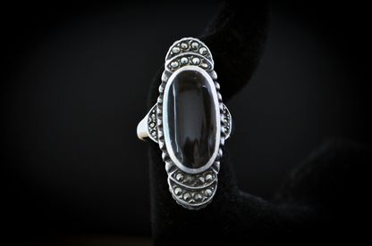 Stunning Sterling Silver Oval Black Onyx Ring - Size 5.5 - Stamped and Tested Sterling Silver - Cubic Zirconium Studded