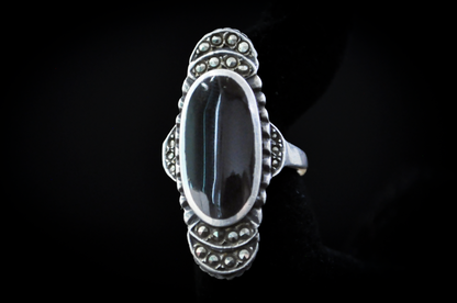 Stunning Sterling Silver Oval Black Onyx Ring - Size 5.5 - Stamped and Tested Sterling Silver - Cubic Zirconium Studded