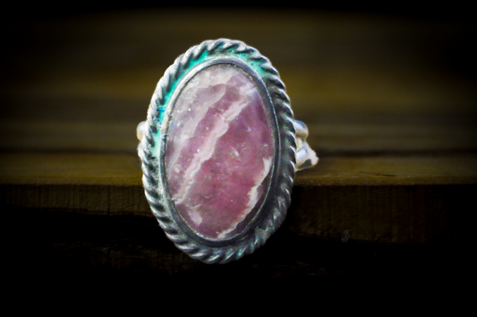 Sterling Silver Natural Rhodochrosite Cabochon Twisted Rope Bezel Ring - Size 6.5 - Stamped and Tested Sterling Silver - Split Band - Southern Native American Ring