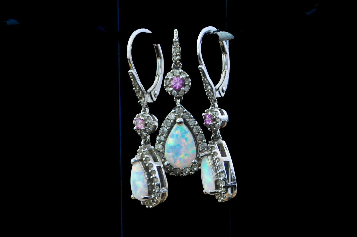 Sparkling Opal and Amethyst Teardrop Earrings with Charm - Stamped and Tested Sterling Silver - P★W Jewelry - Cubic Zirconium Studded