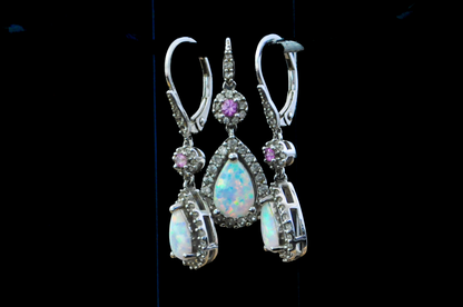 Sparkling Opal and Amethyst Teardrop Earrings with Charm - Stamped and Tested Sterling Silver - P★W Jewelry - Cubic Zirconium Studded