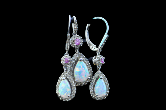 Sparkling Opal and Amethyst Teardrop Earrings with Charm - Stamped and Tested Sterling Silver - P★W Jewelry - Cubic Zirconium Studded