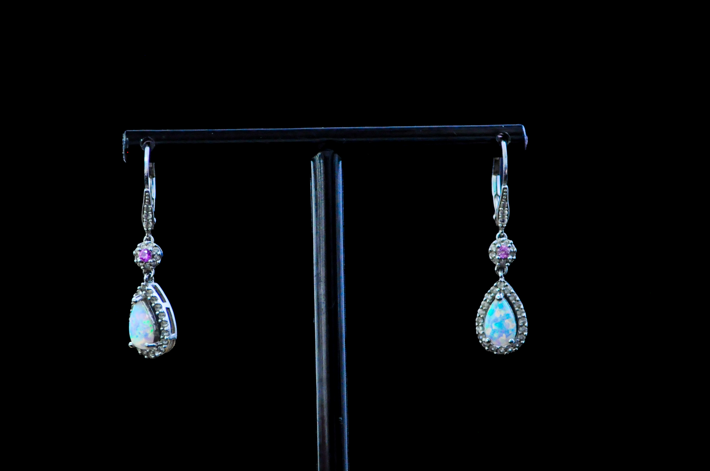 Sparkling Opal and Amethyst Teardrop Earrings with Charm - Stamped and Tested Sterling Silver - P★W Jewelry - Cubic Zirconium Studded