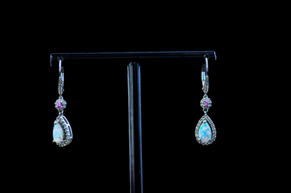 Sparkling Opal and Amethyst Teardrop Earrings with Charm - Stamped and Tested Sterling Silver - P★W Jewelry - Cubic Zirconium Studded