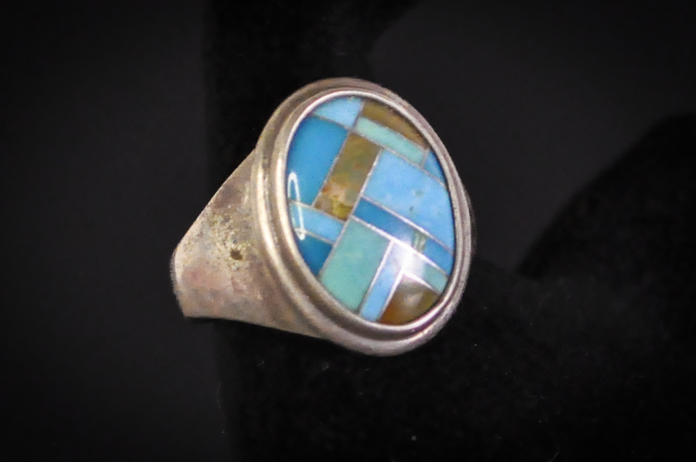 Carolyn Pollack Inlaid Turquoise and Jasper Ring - Size 10 - Stamped and Tested Sterling Silver - Native American Influenced Jewelry