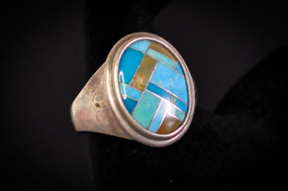 Carolyn Pollack Inlaid Turquoise and Jasper Ring - Size 10 - Stamped and Tested Sterling Silver - Native American Influenced Jewelry