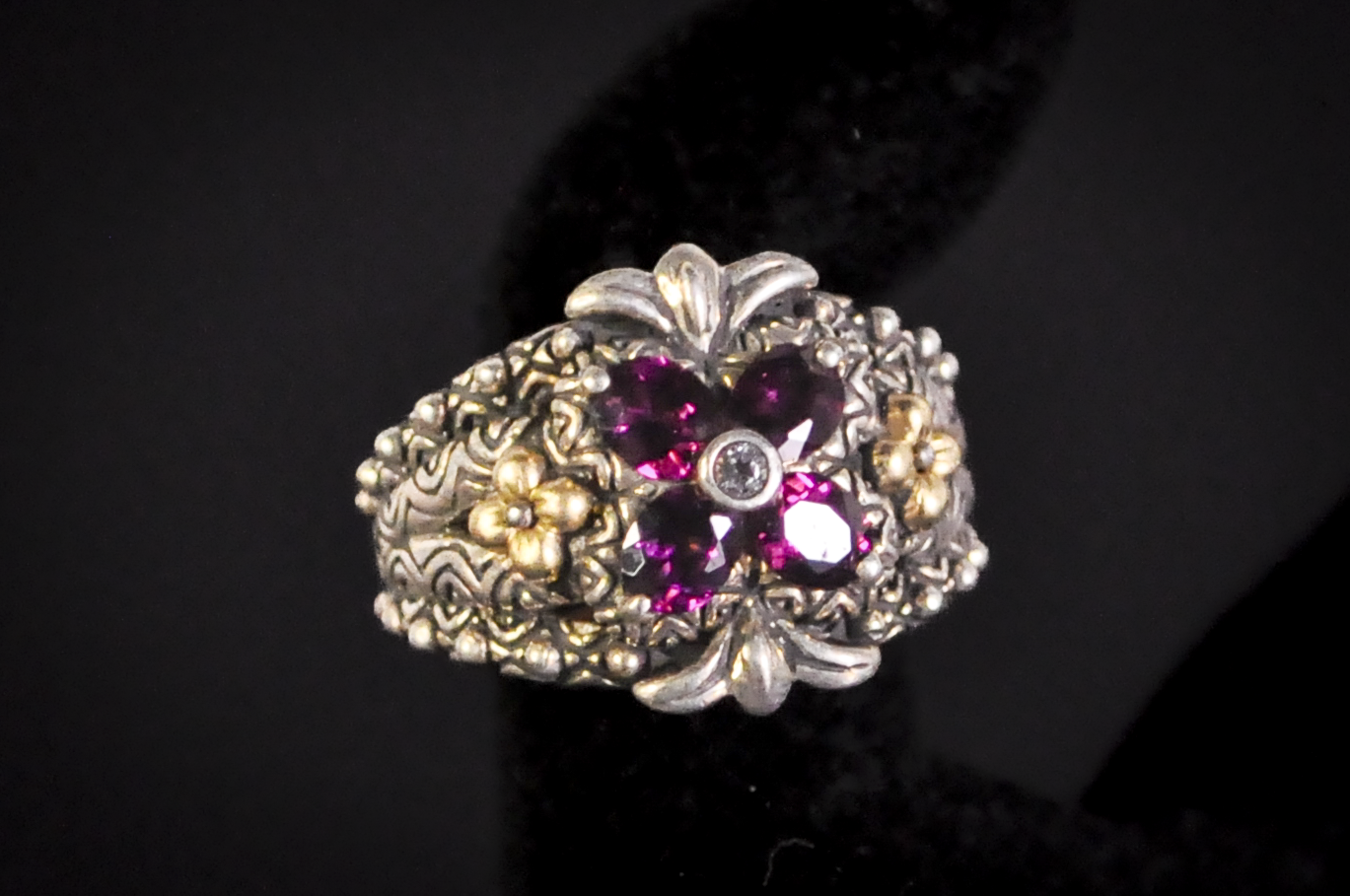 Barbara Bixby Sterling Silver 18K Accented Flower Shaped Rhodolite Garnet and White Topaz Ring - Size 6 - Stamped Sterling Silver and 18 Karat Gold - Detailed and Unique Ring