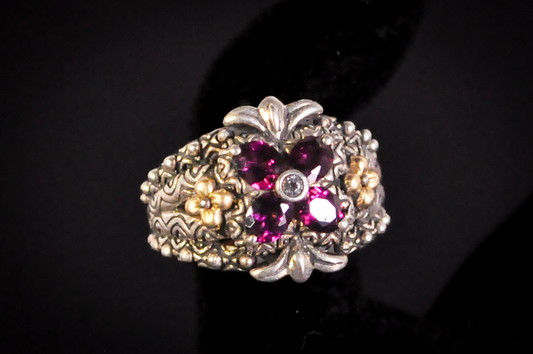 Barbara Bixby Sterling Silver 18K Accented Flower Shaped Rhodolite Garnet and White Topaz Ring - Size 6 - Stamped Sterling Silver and 18 Karat Gold - Detailed and Unique Ring