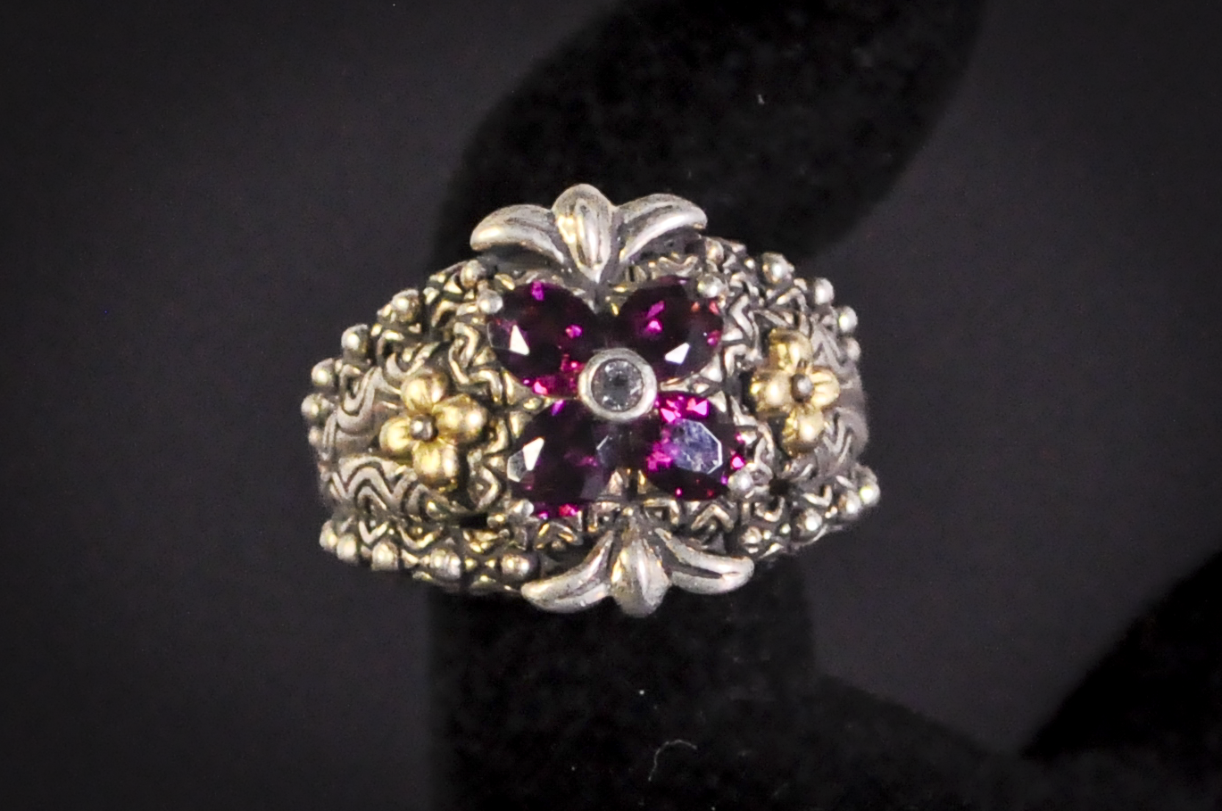 Barbara Bixby Sterling Silver 18K Accented Flower Shaped Rhodolite Garnet and White Topaz Ring - Size 6 - Stamped Sterling Silver and 18 Karat Gold - Detailed and Unique Ring