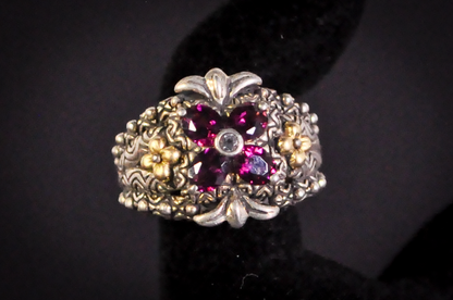 Barbara Bixby Sterling Silver 18K Accented Flower Shaped Rhodolite Garnet and White Topaz Ring - Size 6 - Stamped Sterling Silver and 18 Karat Gold - Detailed and Unique Ring