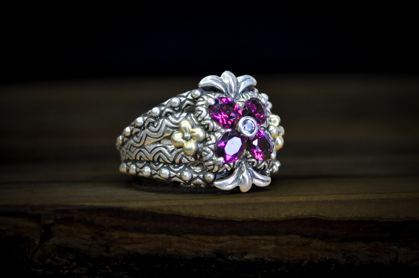 Barbara Bixby Sterling Silver 18K Accented Flower Shaped Rhodolite Garnet and White Topaz Ring - Size 6 - Stamped Sterling Silver and 18 Karat Gold - Detailed and Unique Ring