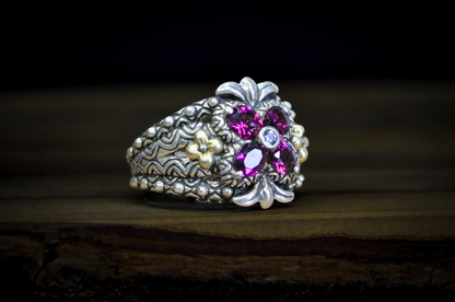 Barbara Bixby Sterling Silver 18K Accented Flower Shaped Rhodolite Garnet and White Topaz Ring - Size 6 - Stamped Sterling Silver and 18 Karat Gold - Detailed and Unique Ring