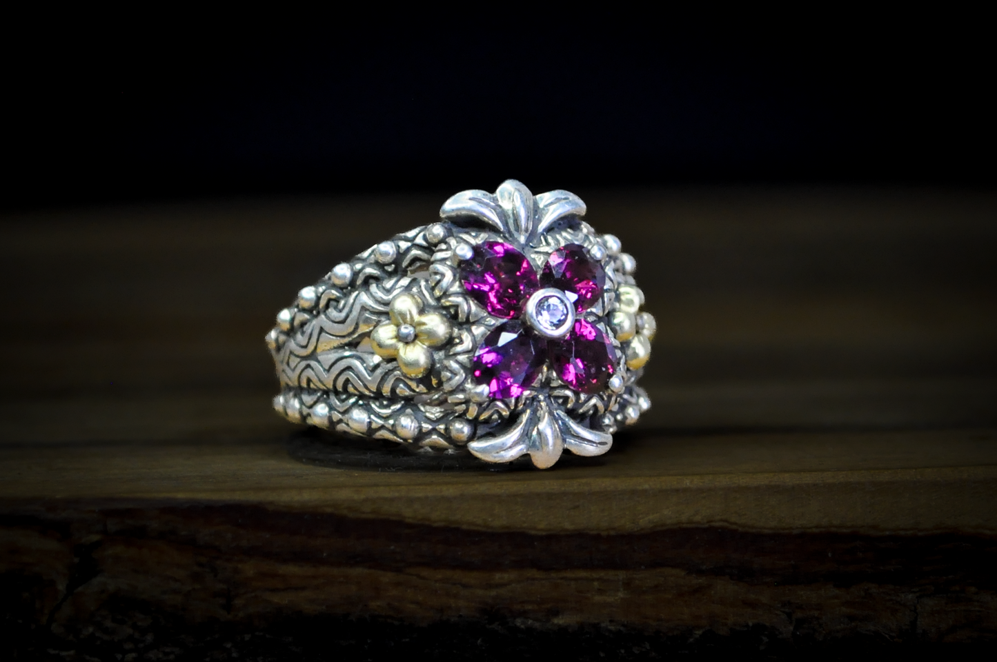 Barbara Bixby Sterling Silver 18K Accented Flower Shaped Rhodolite Garnet and White Topaz Ring - Size 6 - Stamped Sterling Silver and 18 Karat Gold - Detailed and Unique Ring