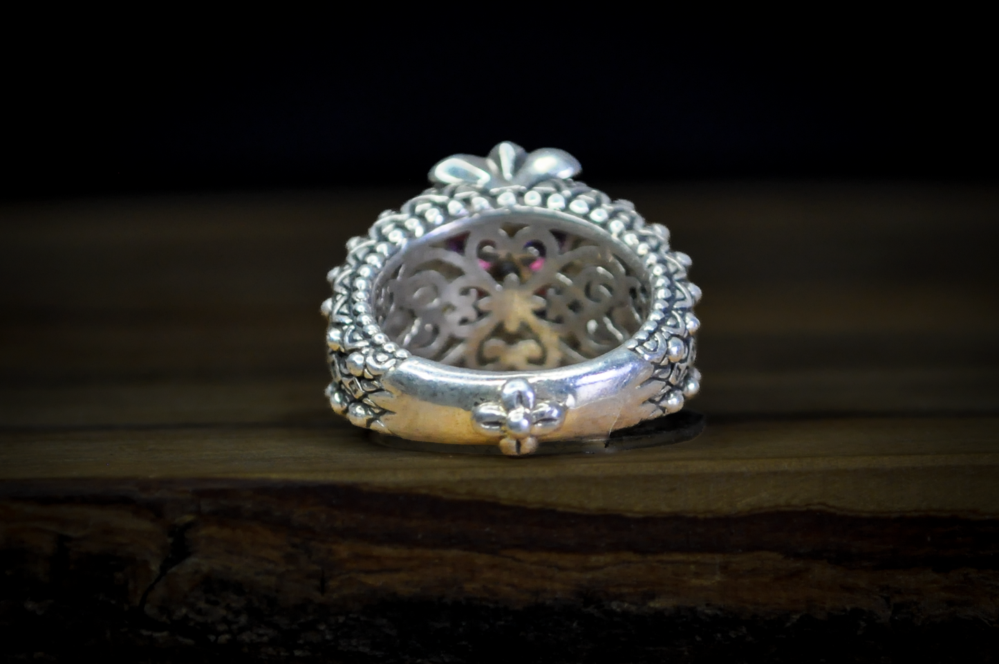 Barbara Bixby Sterling Silver 18K Accented Flower Shaped Rhodolite Garnet and White Topaz Ring - Size 6 - Stamped Sterling Silver and 18 Karat Gold - Detailed and Unique Ring