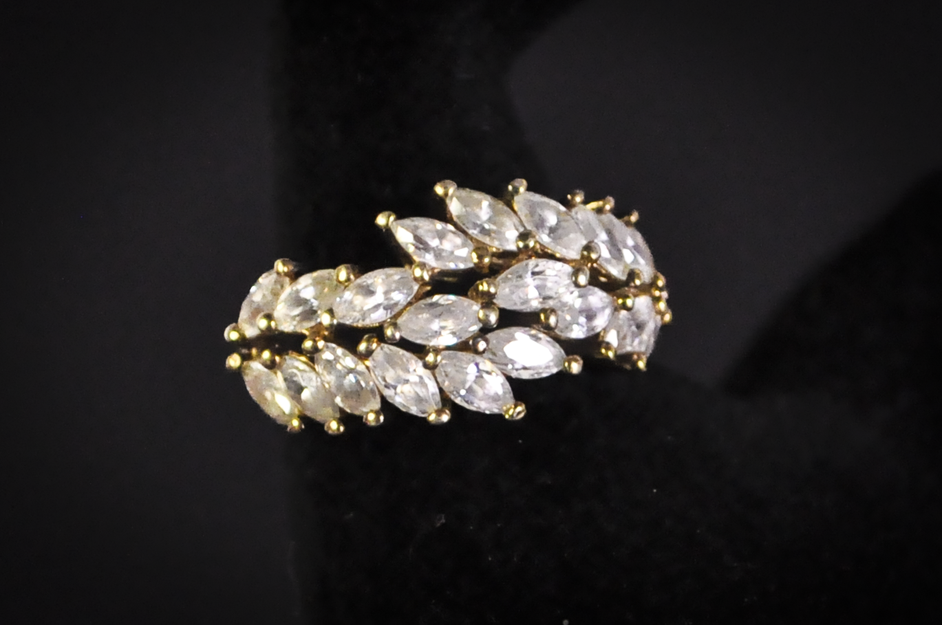 Stunning Gold Toned Sterling Silver Cubic Zirconium  Marquis Crystals Leaf-Vine Pattern Ring - Size 8 - Stamped and Tested Sterling Silver - Regal Ring