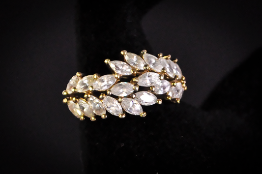 Stunning Gold Toned Sterling Silver Cubic Zirconium  Marquis Crystals Leaf-Vine Pattern Ring - Size 8 - Stamped and Tested Sterling Silver - Regal Ring