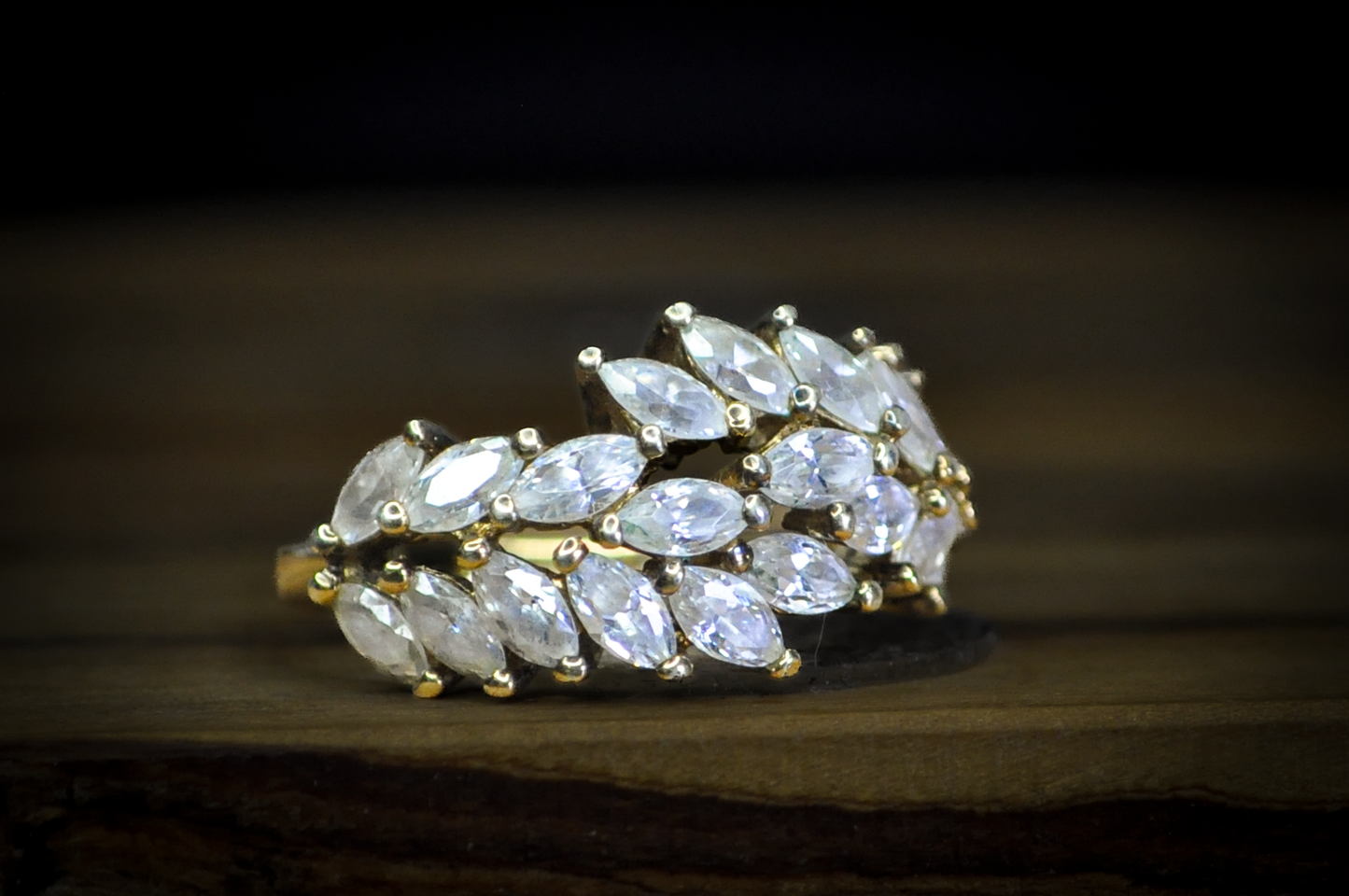 Stunning Gold Toned Sterling Silver Cubic Zirconium  Marquis Crystals Leaf-Vine Pattern Ring - Size 8 - Stamped and Tested Sterling Silver - Regal Ring