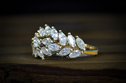 Stunning Gold Toned Sterling Silver Cubic Zirconium  Marquis Crystals Leaf-Vine Pattern Ring - Size 8 - Stamped and Tested Sterling Silver - Regal Ring