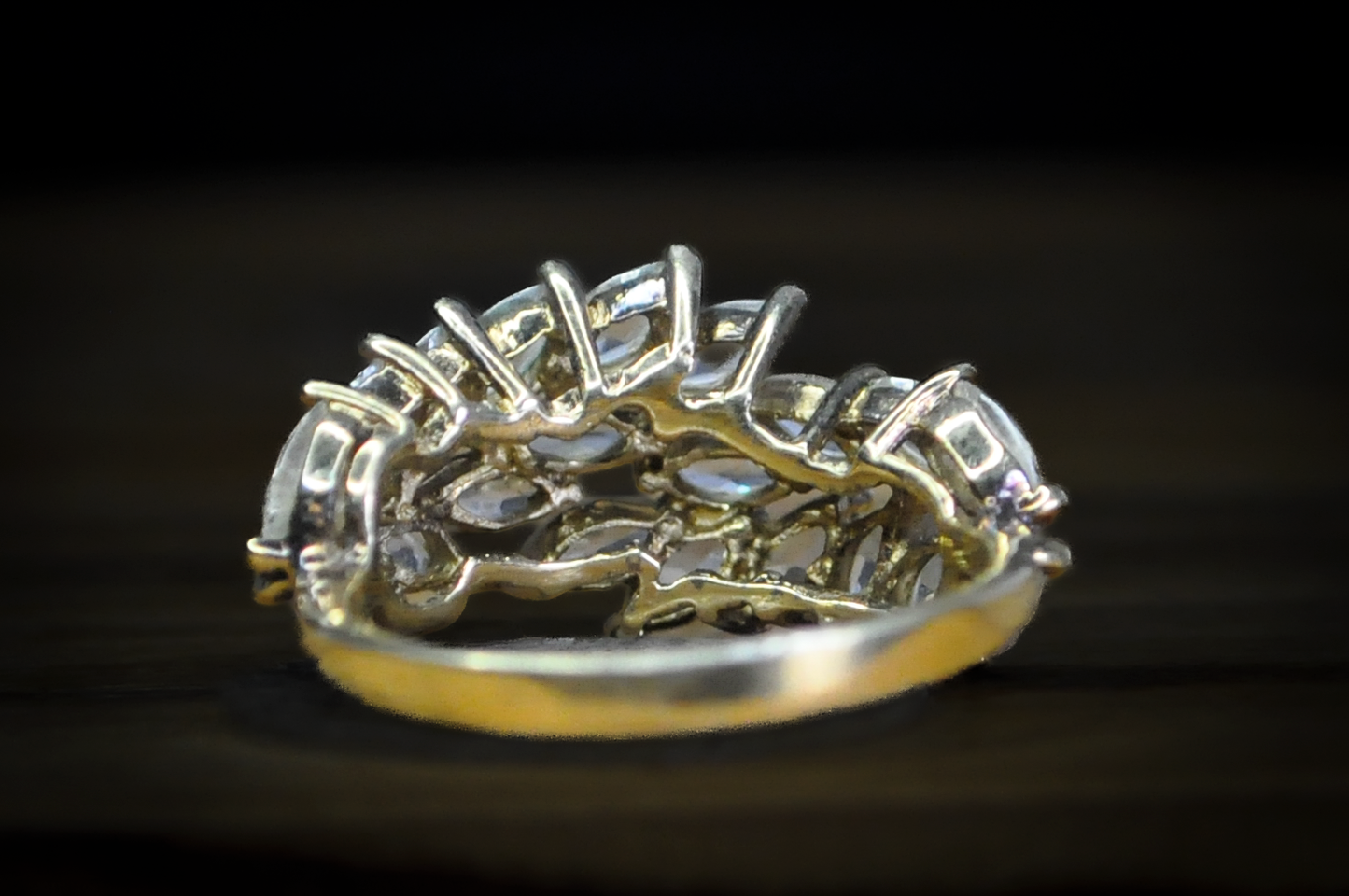Stunning Gold Toned Sterling Silver Cubic Zirconium  Marquis Crystals Leaf-Vine Pattern Ring - Size 8 - Stamped and Tested Sterling Silver - Regal Ring
