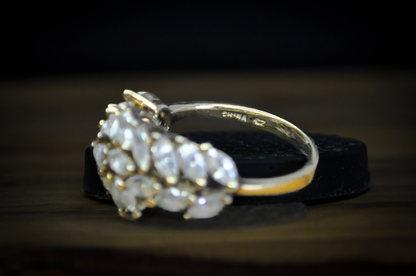 Stunning Gold Toned Sterling Silver Cubic Zirconium  Marquis Crystals Leaf-Vine Pattern Ring - Size 8 - Stamped and Tested Sterling Silver - Regal Ring