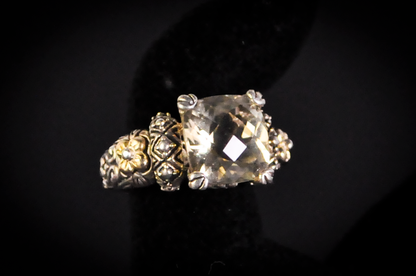 Barbara Bixby Sterling Silver 18K Accented Diamond Cut Citrine Ring - Size 6 - Stamped Sterling Silver and 18 Karat Gold - Detailed and Unique Ring