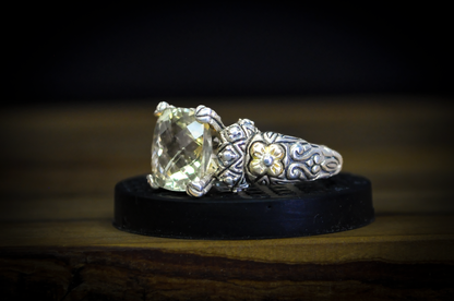Barbara Bixby Sterling Silver 18K Accented Diamond Cut Citrine Ring - Size 6 - Stamped Sterling Silver and 18 Karat Gold - Detailed and Unique Ring