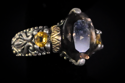 Barbara Bixby Sterling Silver 18K Accented Oval Cut Smoky Quartz Yellow Sapphire Ring - Size 6 - Stamped Sterling Silver and 18 Karat Gold - Detailed and Unique Ring