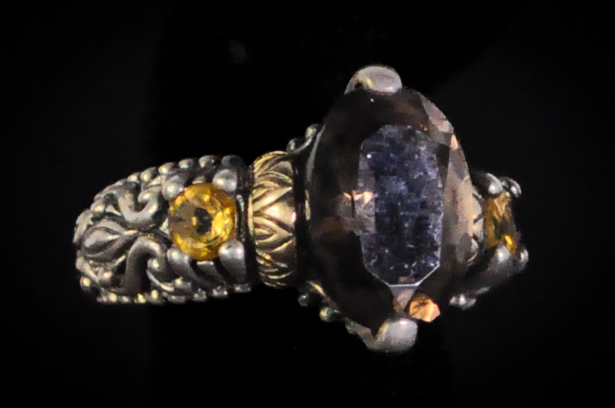 Barbara Bixby Sterling Silver 18K Accented Oval Cut Smoky Quartz Yellow Sapphire Ring - Size 6 - Stamped Sterling Silver and 18 Karat Gold - Detailed and Unique Ring