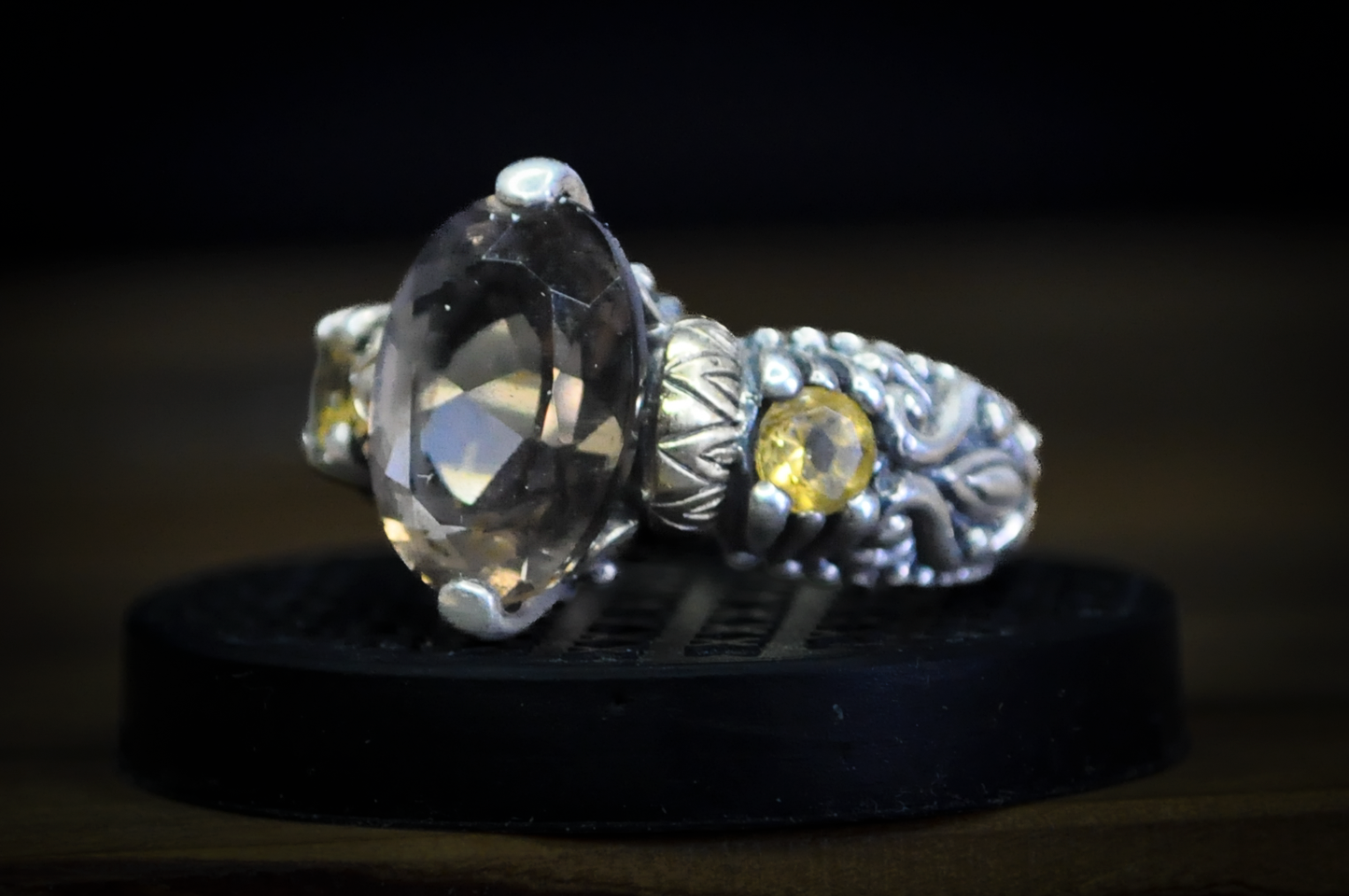 Barbara Bixby Sterling Silver 18K Accented Oval Cut Smoky Quartz Yellow Sapphire Ring - Size 6 - Stamped Sterling Silver and 18 Karat Gold - Detailed and Unique Ring