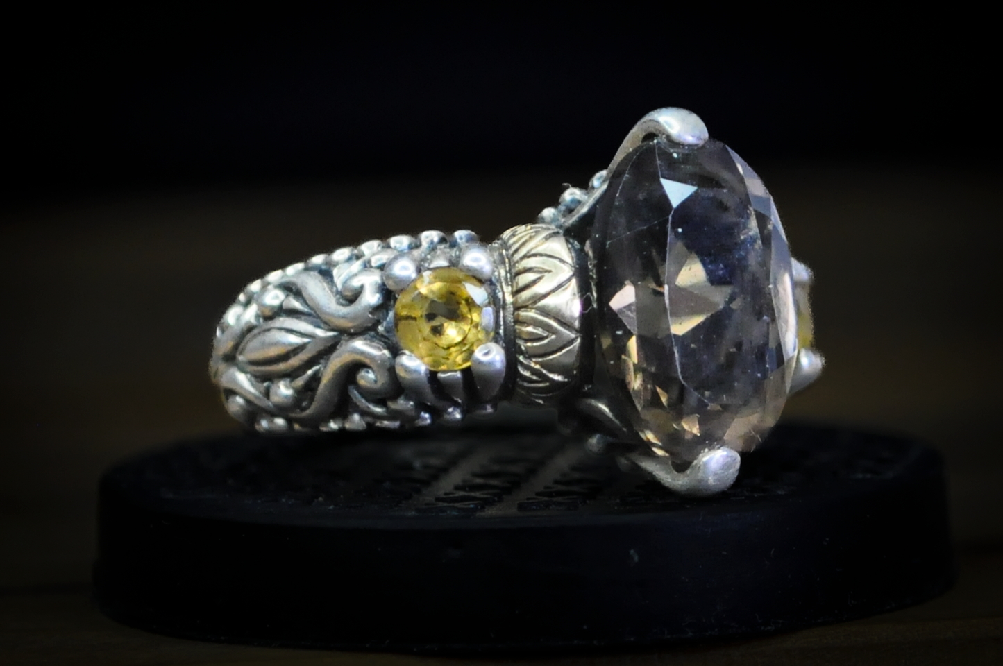 Barbara Bixby Sterling Silver 18K Accented Oval Cut Smoky Quartz Yellow Sapphire Ring - Size 6 - Stamped Sterling Silver and 18 Karat Gold - Detailed and Unique Ring
