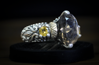 Barbara Bixby Sterling Silver 18K Accented Oval Cut Smoky Quartz Yellow Sapphire Ring - Size 6 - Stamped Sterling Silver and 18 Karat Gold - Detailed and Unique Ring