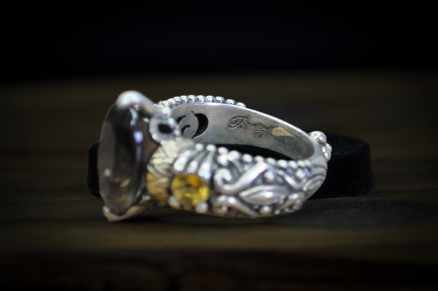 Barbara Bixby Sterling Silver 18K Accented Oval Cut Smoky Quartz Yellow Sapphire Ring - Size 6 - Stamped Sterling Silver and 18 Karat Gold - Detailed and Unique Ring