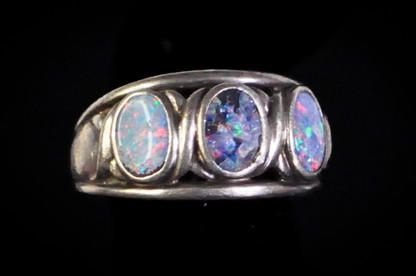 Unique Sterling Silver Inlaid Opal Trio Ring - Size 6 - Stamped and Tested Sterling Silver - Triple Threat Inlaid Opal ring
