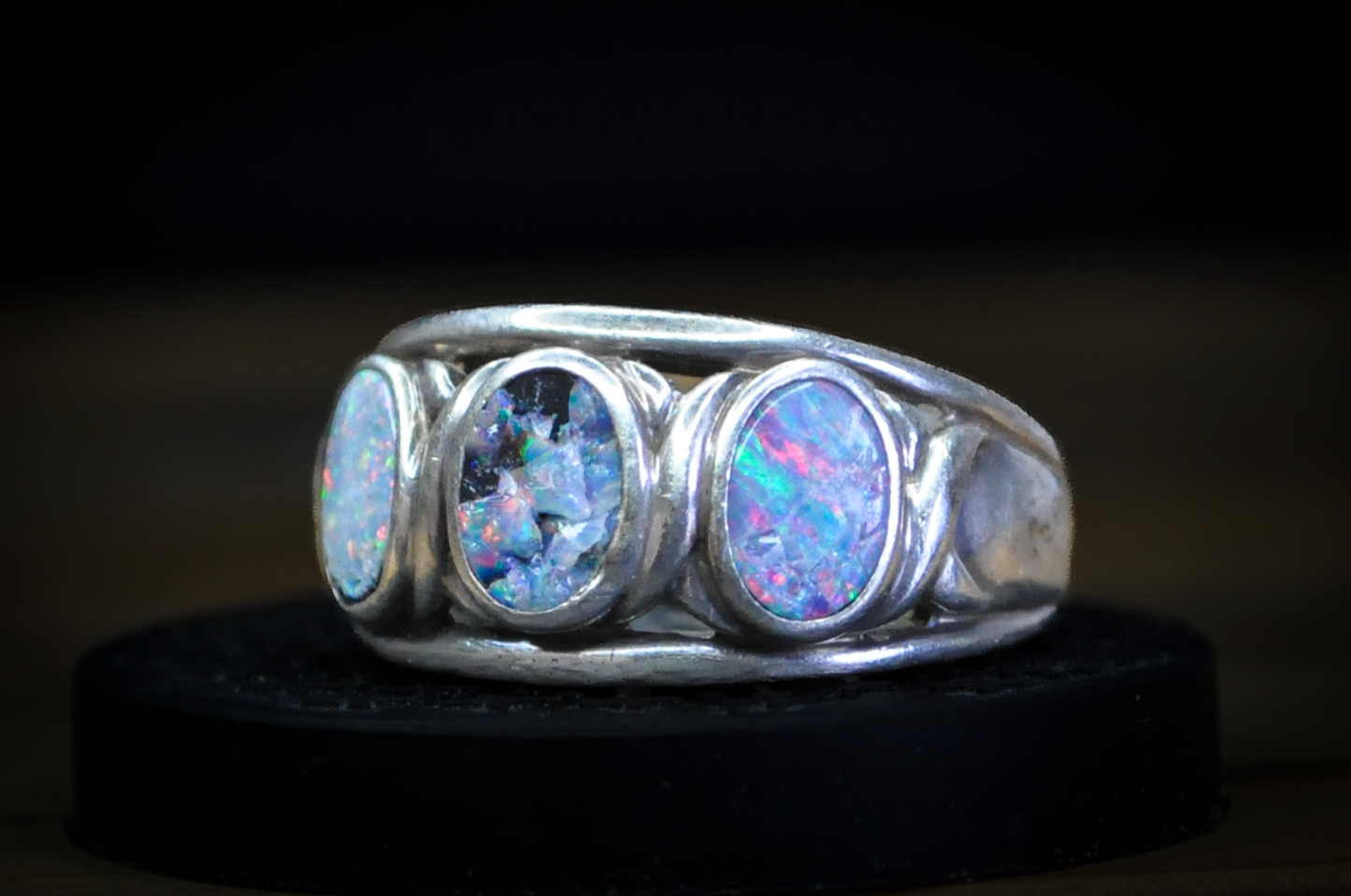 Unique Sterling Silver Inlaid Opal Trio Ring - Size 6 - Stamped and Tested Sterling Silver - Triple Threat Inlaid Opal ring